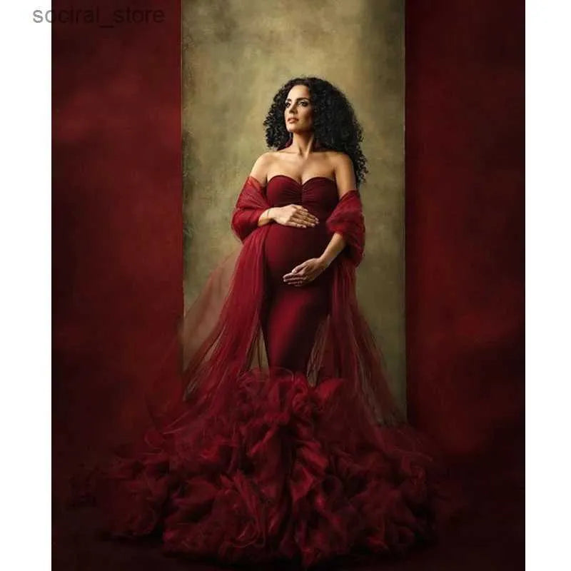 Vestido premamá de sirena de tul azul cielo para sesión de fotos Albornoz de mujer