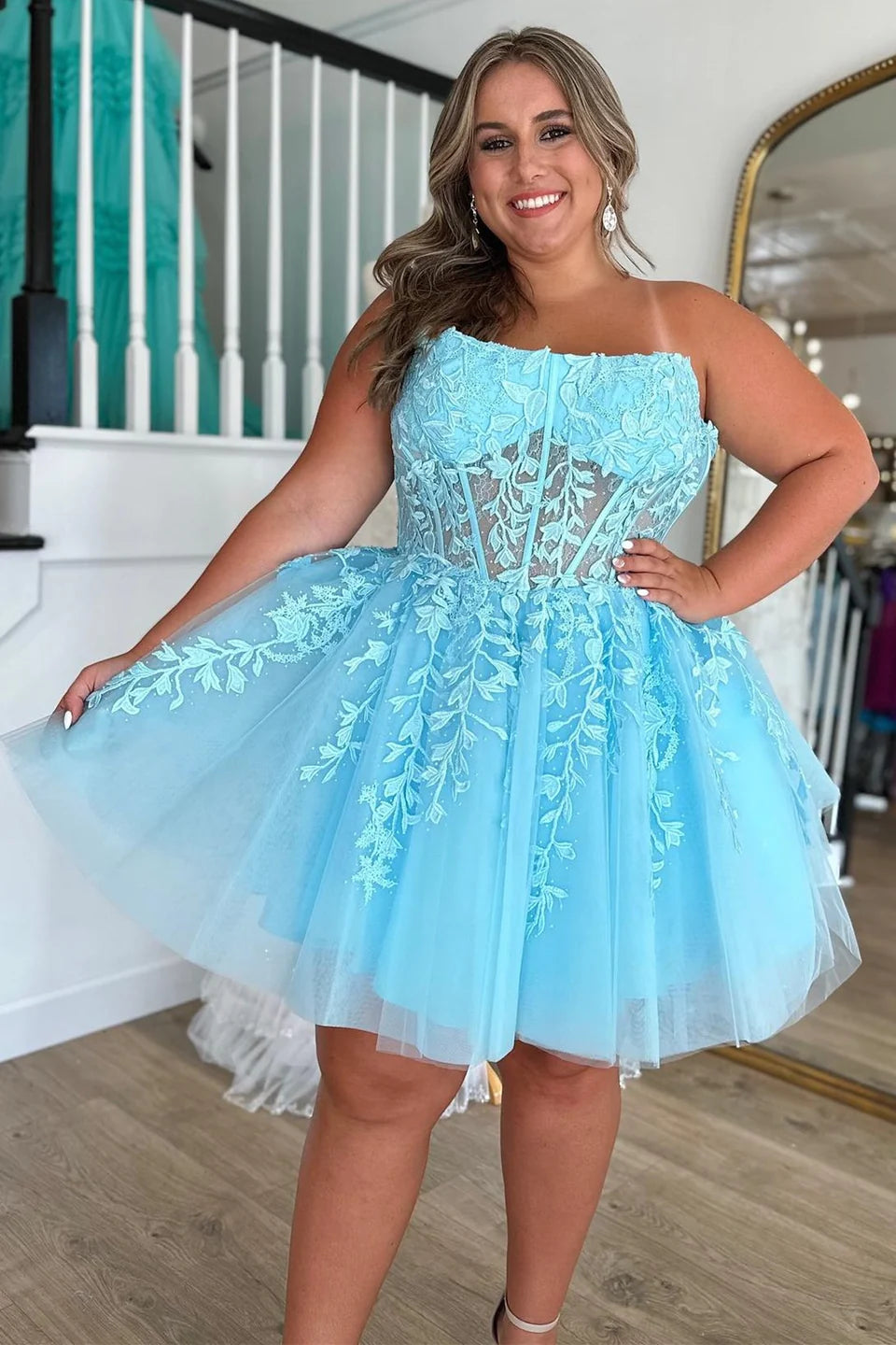 UK Short Lace Homecoming Dress Pink Prom Dress 2025 Strapless - MyChicDress