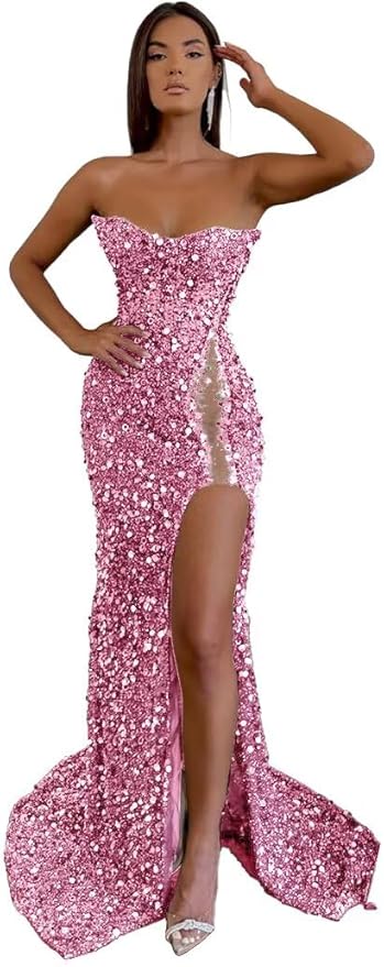 Unique Sequins Pink Prom Dress Sleeveless Mermaid Mychicdress