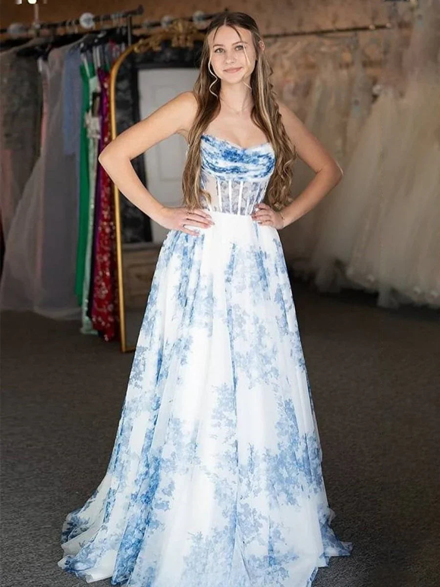 Unique Strapless Corset Junior Prom Dresses Blue Floral Printed