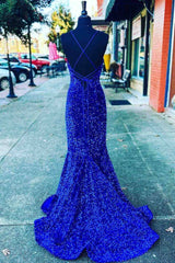 V Neck Royal Blue Evening Dresses UK Seqins Long Prom Dress Mermaid with Split MyChicDress