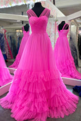 Cuello en V Una línea Vestidos de fiesta baratos Vestido formal largo de tul rosa