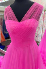 Cuello en V Una línea Vestidos de fiesta baratos Vestido formal largo de tul rosa