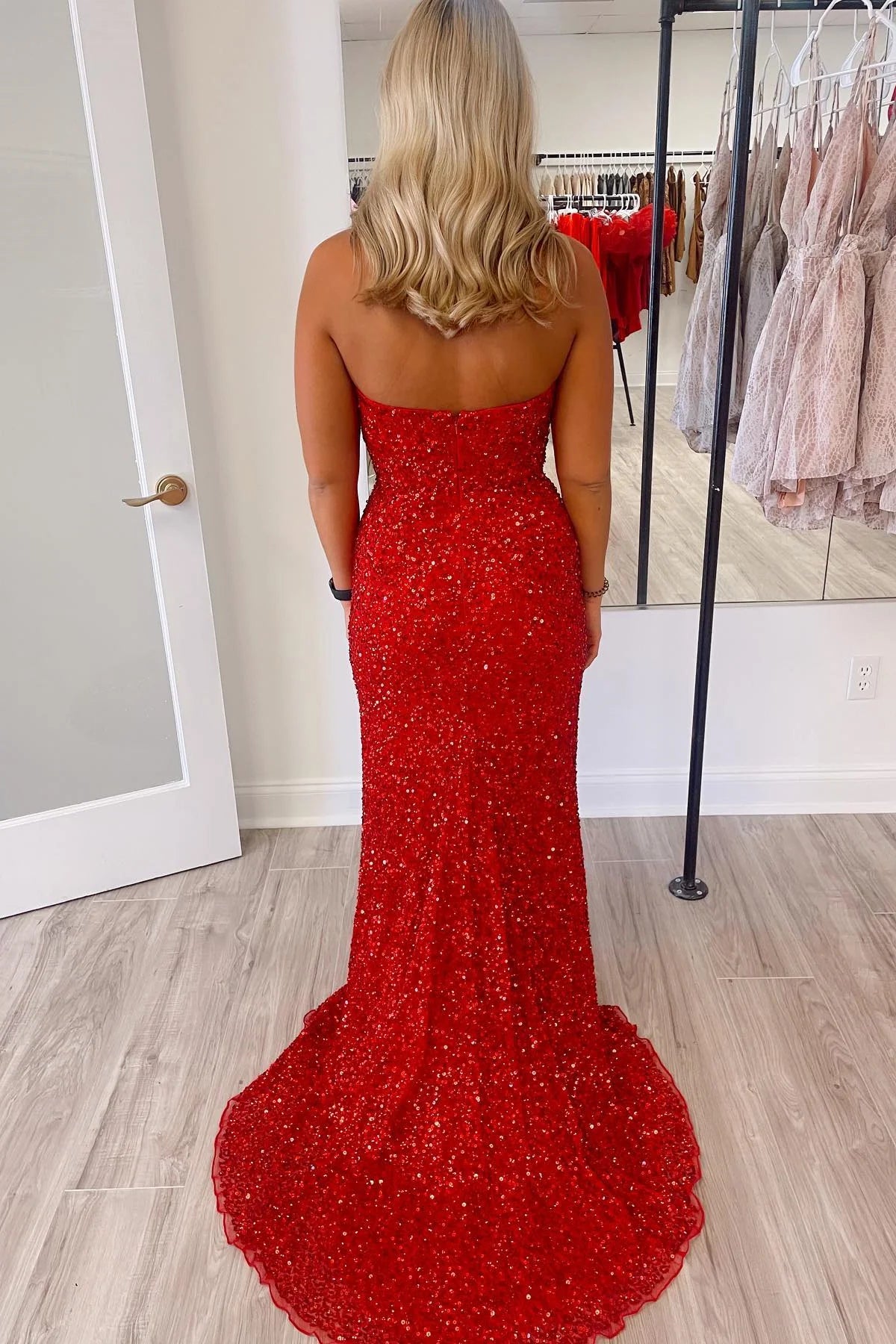 V Neck Red Long Mermaid 2024 Prom Dress Sequin Strapless - MyChicDress