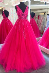 Vestido de fiesta rosa intenso con escote en V, vestido formal largo hecho a medida