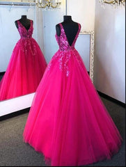 Vestido de fiesta rosa intenso con escote en V, vestido formal largo hecho a medida
