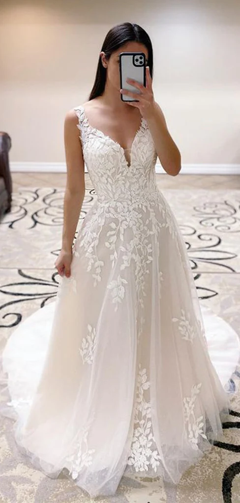 V neck Vintage Lace Wedding Dresses A-line Straps Sweep Train - MyChicDress
