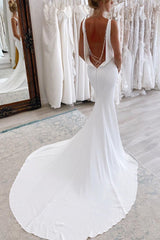 White Soft Satin V Neck Wedding Dresses Pearls Mermaid Backless MyChicDress