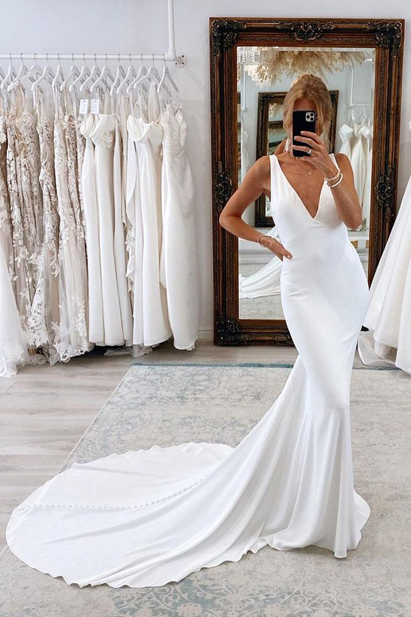 White Soft Satin V Neck Wedding Dresses Pearls Mermaid Backless MyChicDress