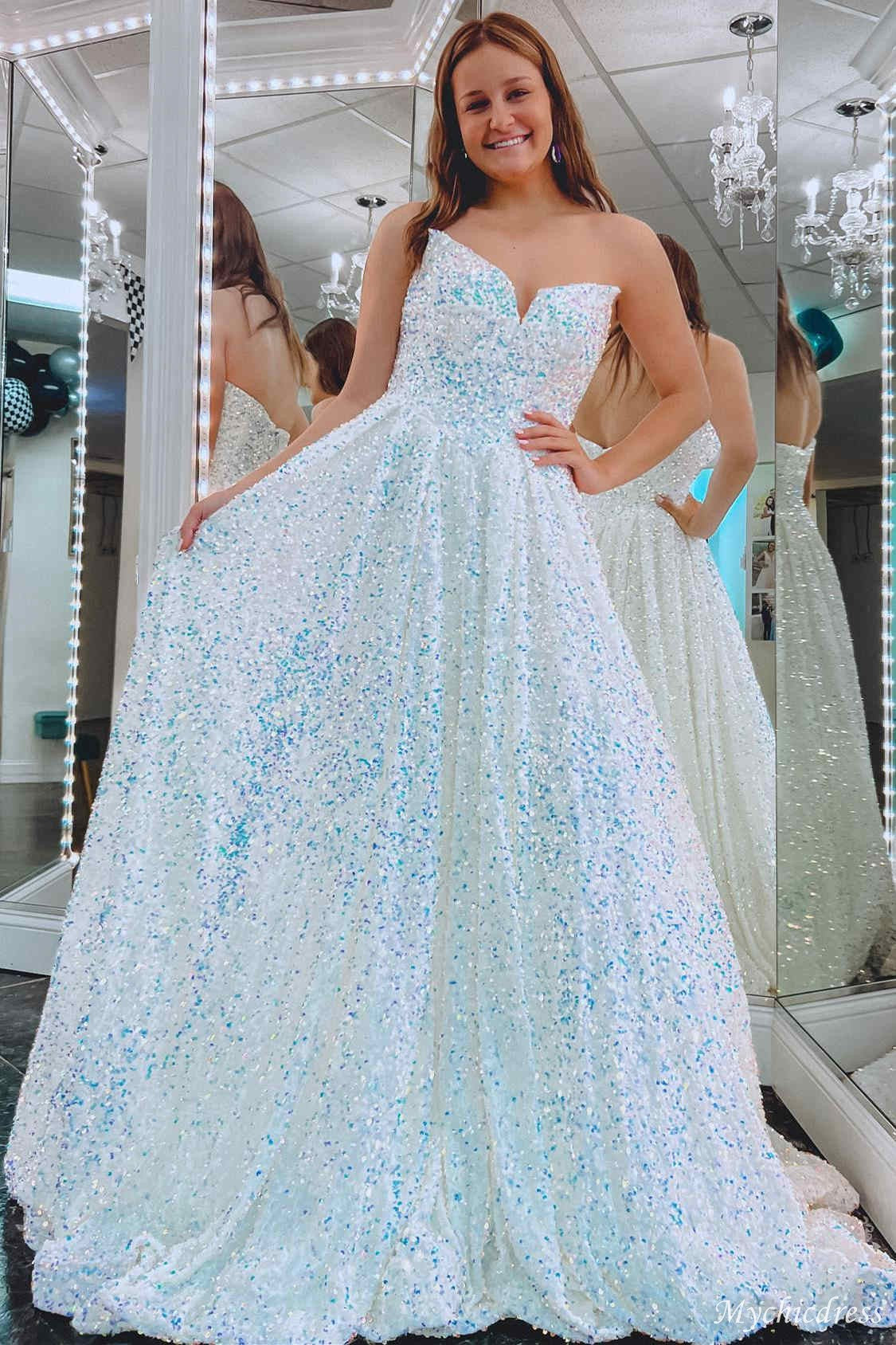 White Iridescent Sequin Prom Dresses Strapless Mermaid UK - MyChicDress