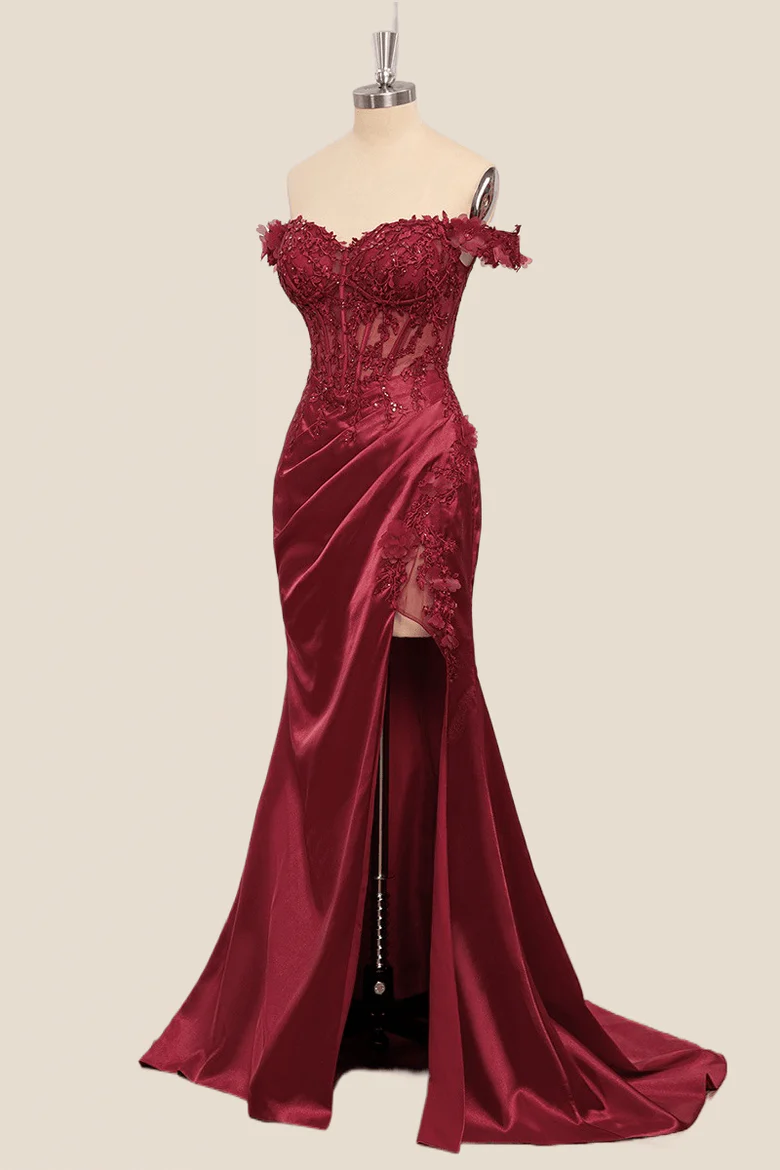Wine Red Lace Formal Gown Off the Shoulder Breaded Mermaid Dress - MyChicDress