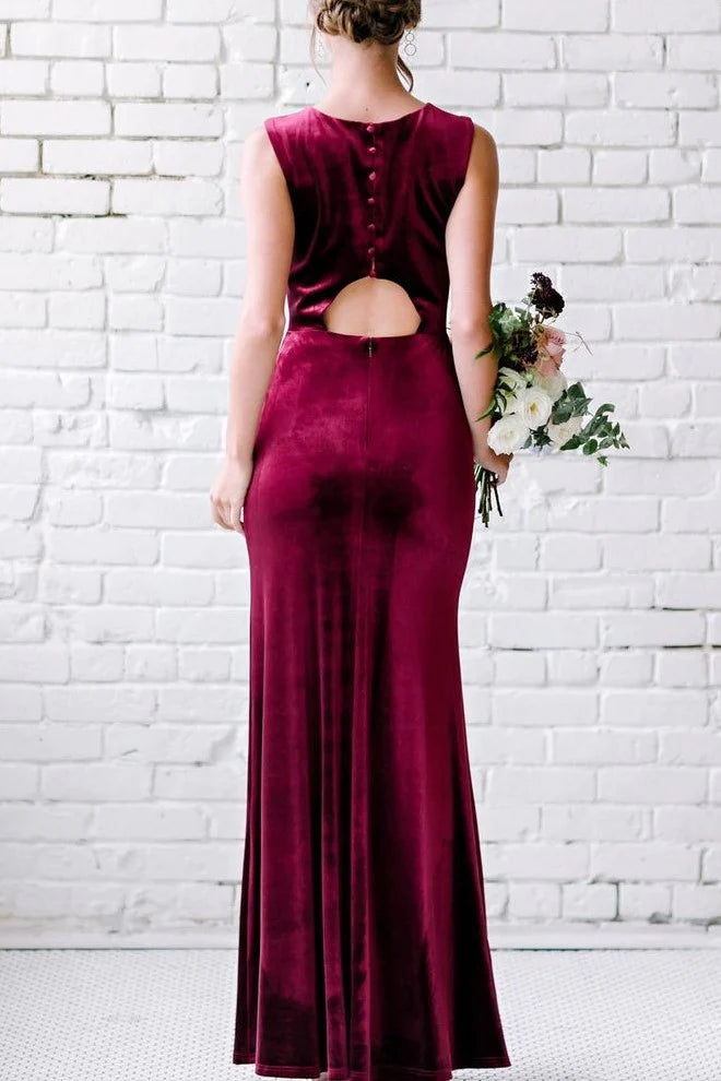 Winter Burgundy Sleeveless Velvet Formal Wedding Guest Dresses Long