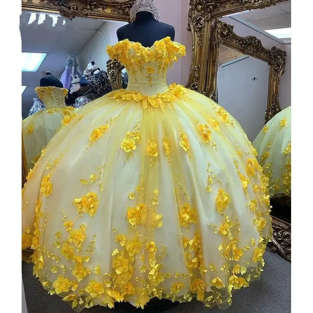 New Off Shoulder Quinceanera Dress Yellow with 3D Flowers Mychicdress