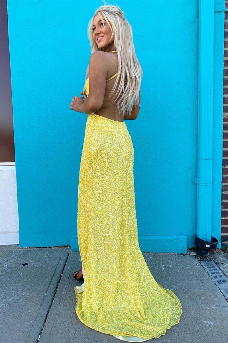 Yellow Sequined Mermaid Prom Dress V-Neck Long Evening Dress UK - MyChicDress