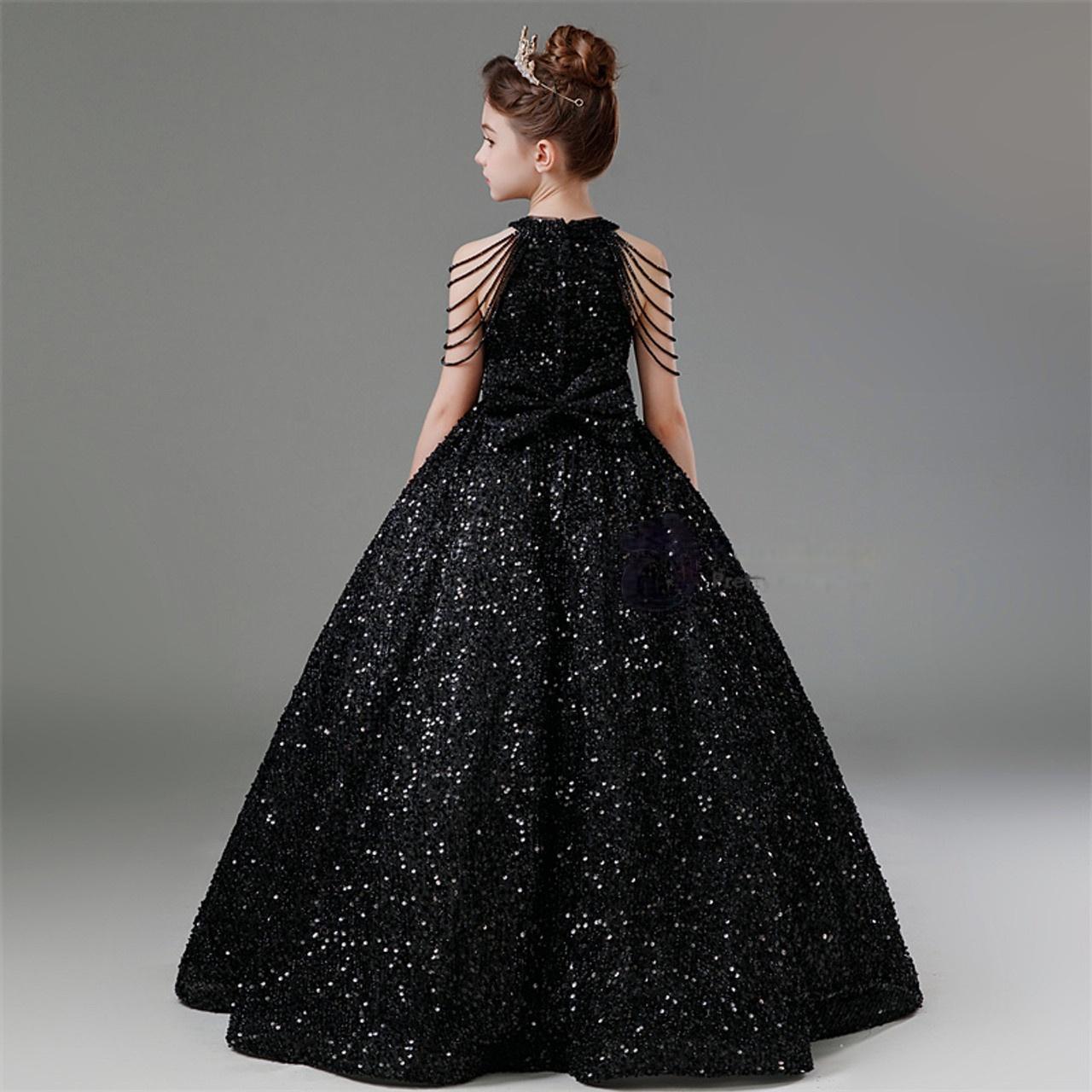 A-Line Black Sequin Flower Girl Dress Halter Beading