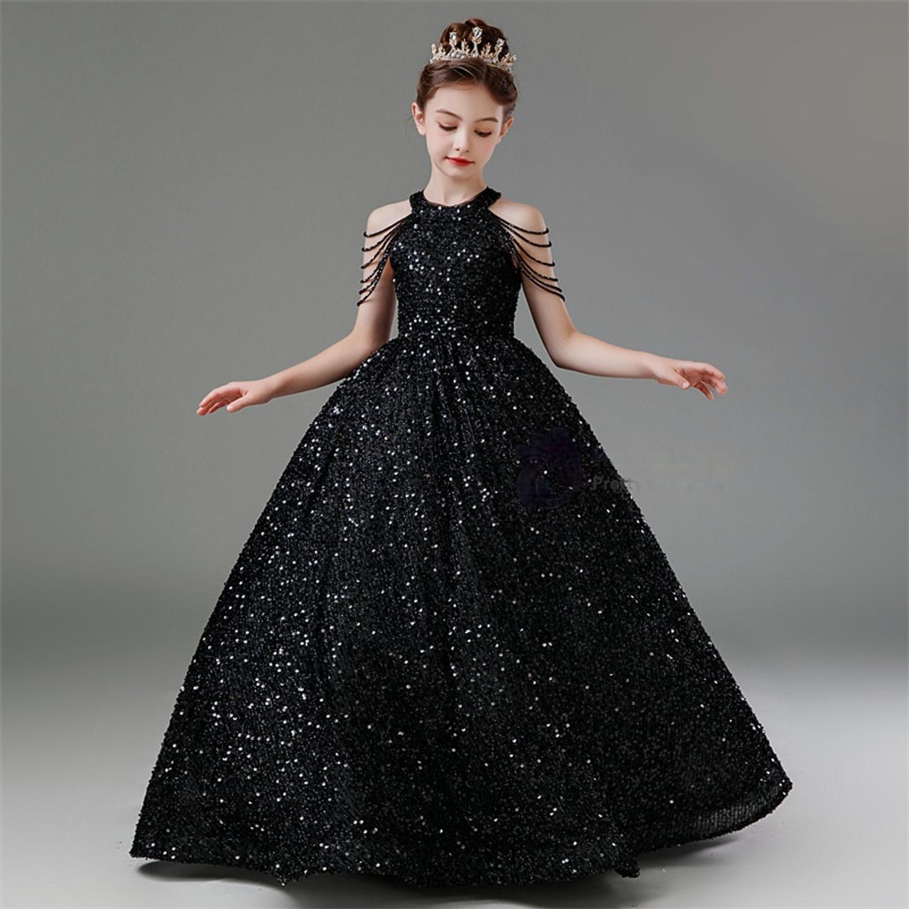 A-Line Black Sequin Flower Girl Dress Halter Beading