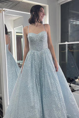 A Line Blue Sequin Prom Dress Glitter Evening Gown UK Mychicdress