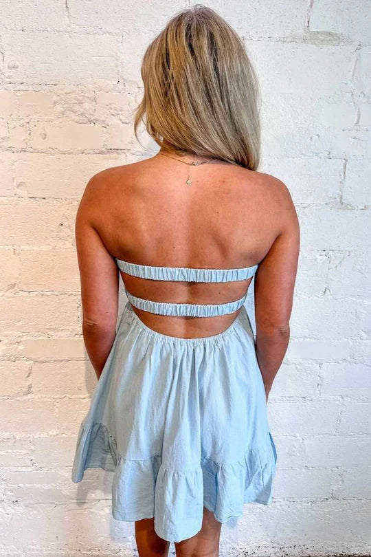 A-Line Blue Strapless Short Homecoming Dress V-Neck