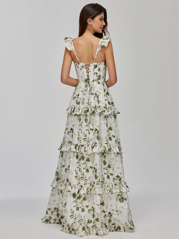 A Line Boho Floral Bridesmaid Dresses Green Chiffon with Ruffles Mychicdress