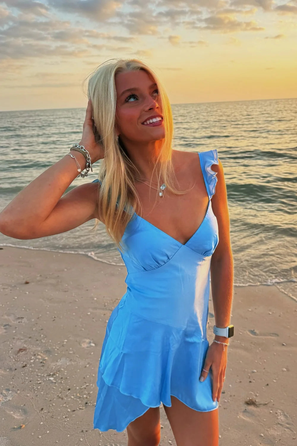 A-line Cheap Blue Homecoming Dress with Ruffle Straps Mychicdress