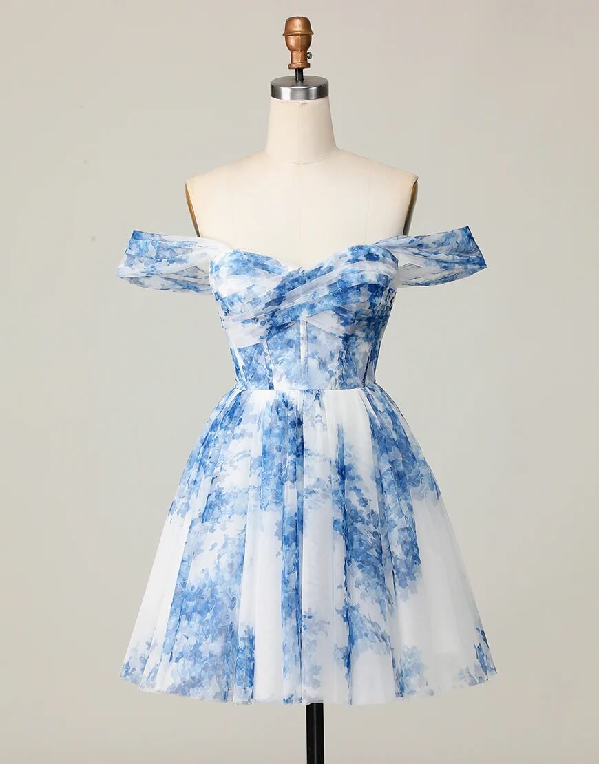 A Line Corset Blue Floral Homecoming Dress Off Shoulder Printed Party Dress
