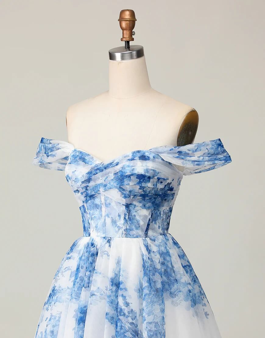 A Line Corset Blue Floral Homecoming Dress Off Shoulder Printed Party Dress