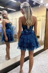 A Line Dark Blue Tiered Homecoming Dress Short Skirt with Mirror Trim