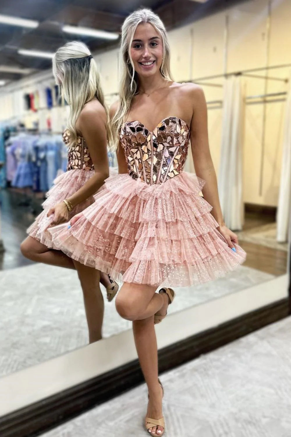 A Line Pink Tiered Homecoming Dress Short Skirt with Mirror Trim