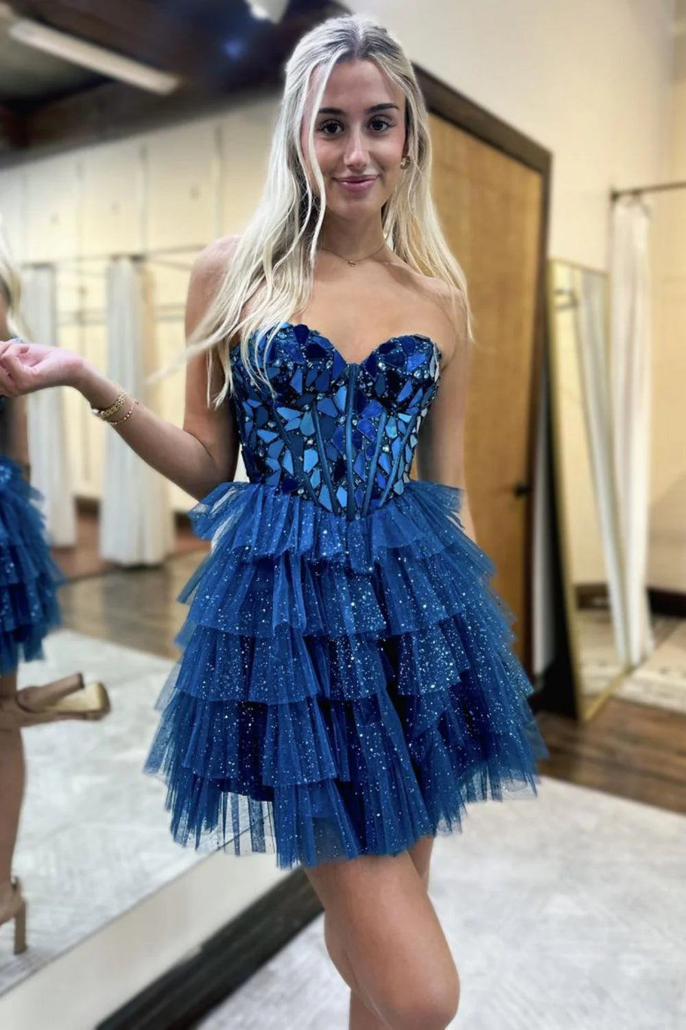 A Line Dark Blue Tiered Homecoming Dress Short Skirt with Mirror Trim