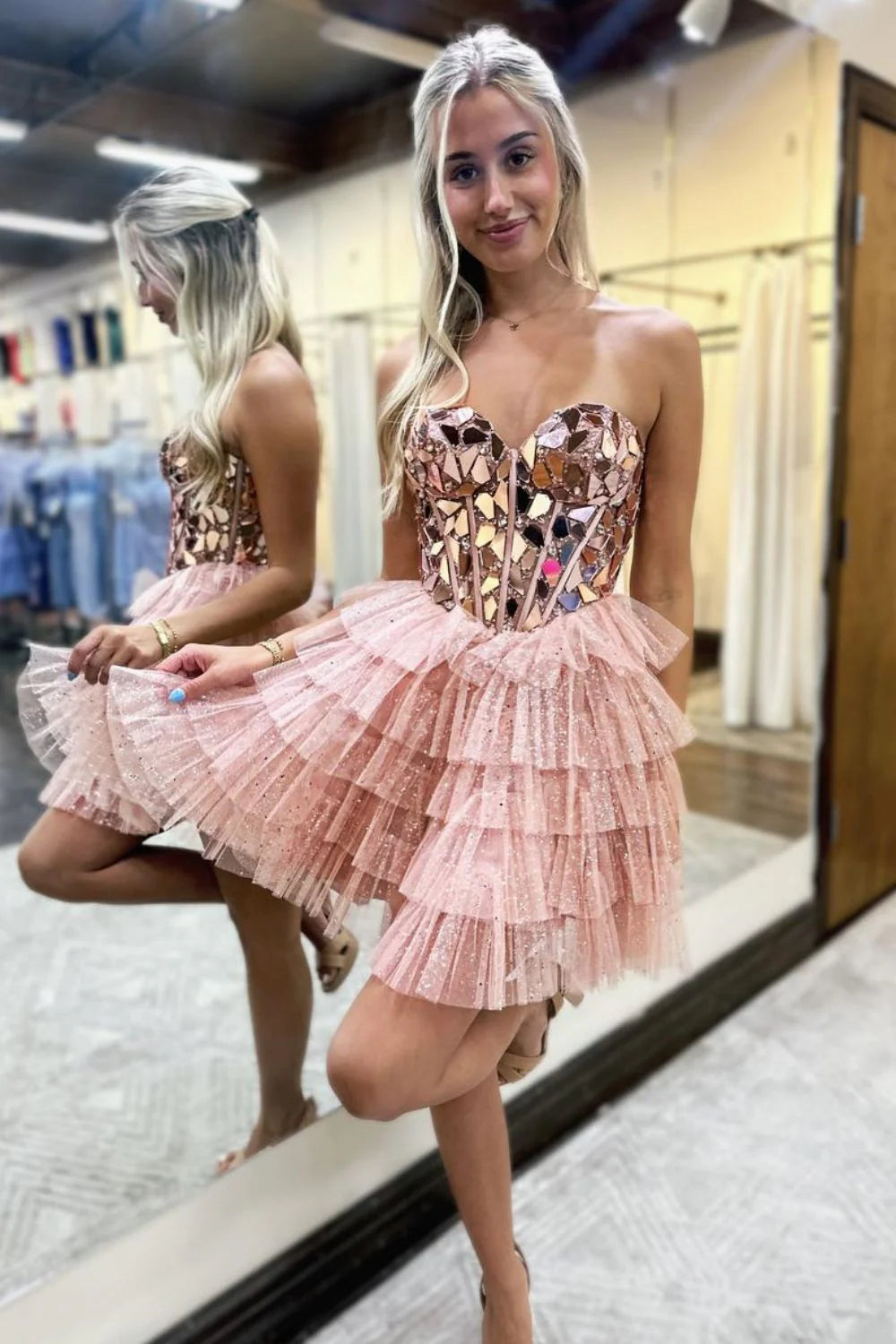 A Line pink Tiered Homecoming Dress Short Skirt with Mirror Trim