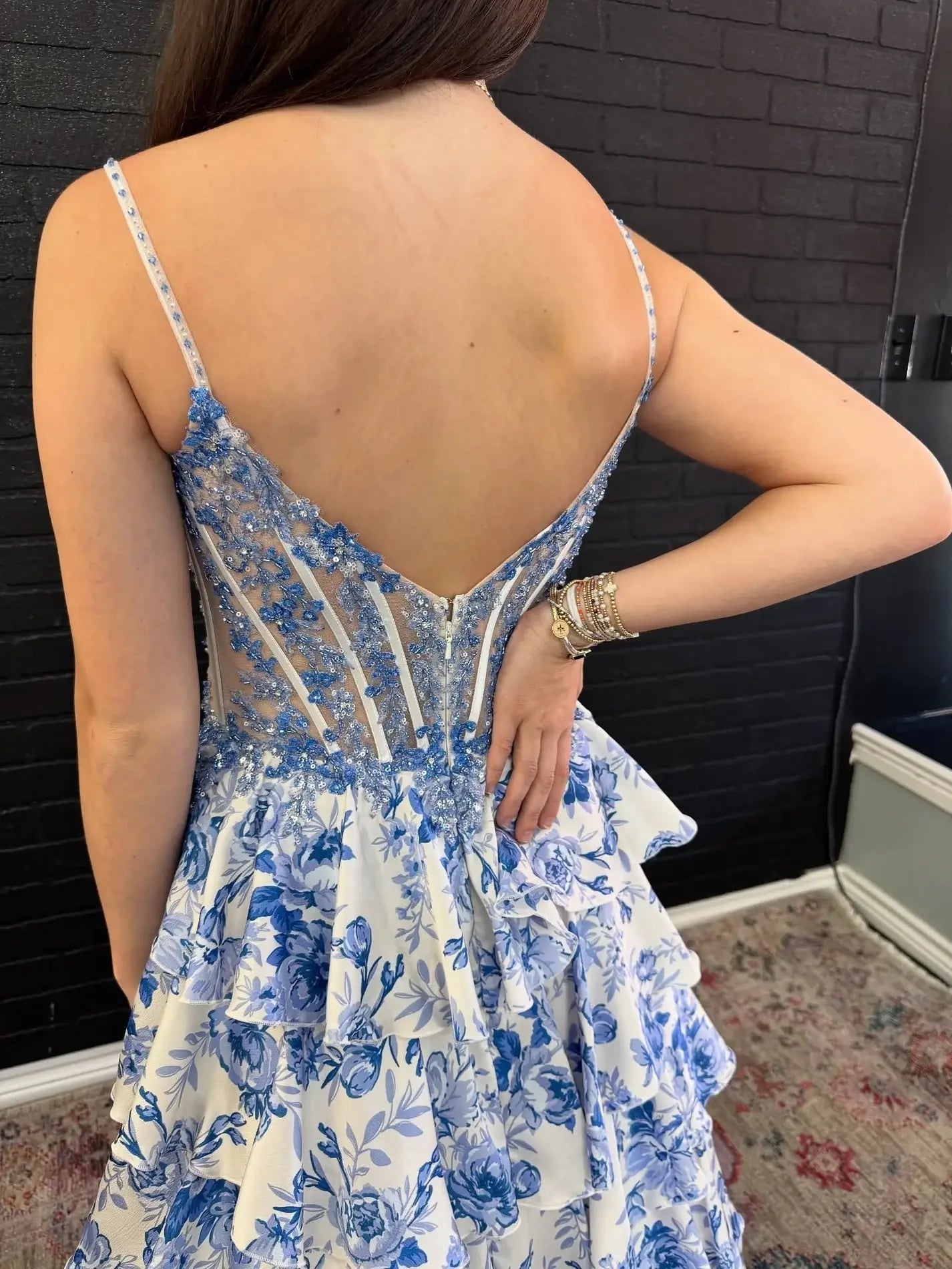 A Line Floral Blue Corset Prom Dresses Ruffle Chiffon Beaded Sweetheart