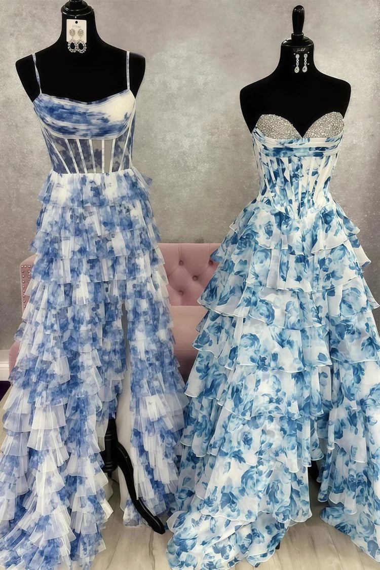 A-Line Floral Prom blue Dresses Strapless Chiffon Ruffled Beaded