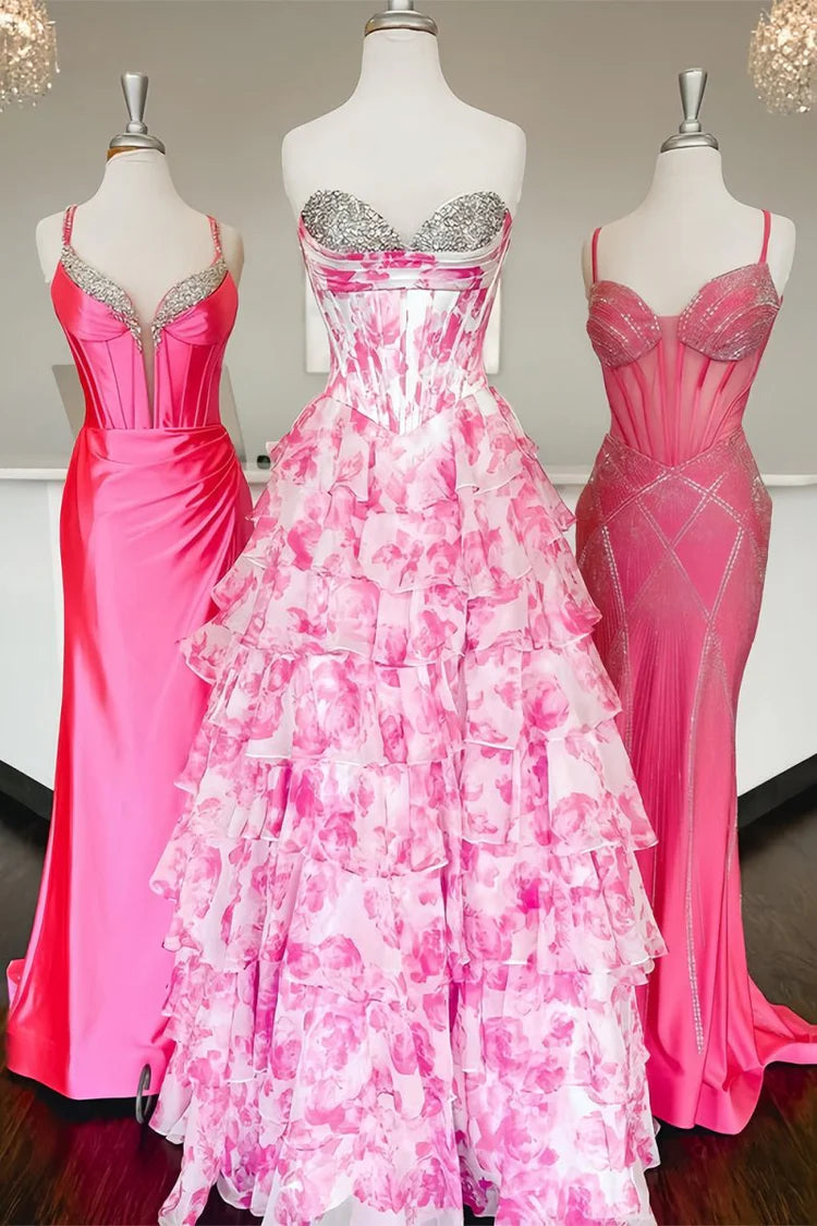 A-Line Floral Prom Pink Dresses Strapless Chiffon Ruffled Beaded