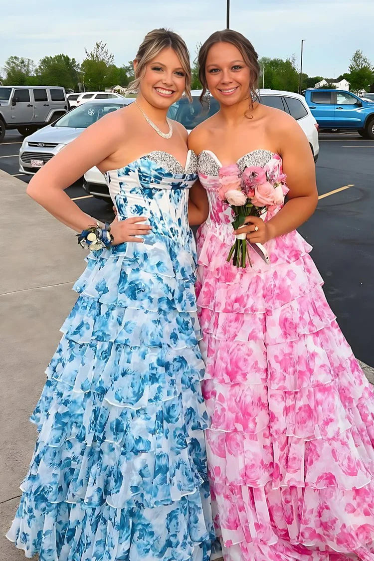 A-Line Floral Prom Dresses Strapless Chiffon Ruffled Beaded