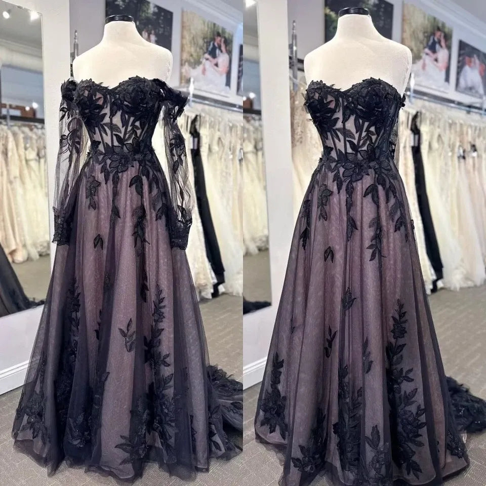 A Line Gothic Weddidng Black Dresses Lace with Detachable Sleeves