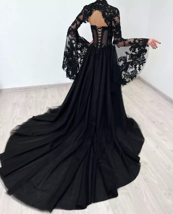 A-Line Gothic Wedding Dress with Sleeves Black Lace Jacket Mychicdress