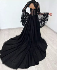 A-Line Gothic Wedding Dress with Sleeves Black Lace Jacket Mychicdress