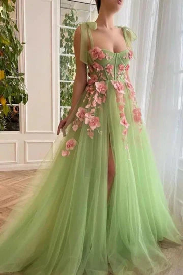 A-Line Green Floral Formal Dress for Wedding Guests Tulle Sweetheart