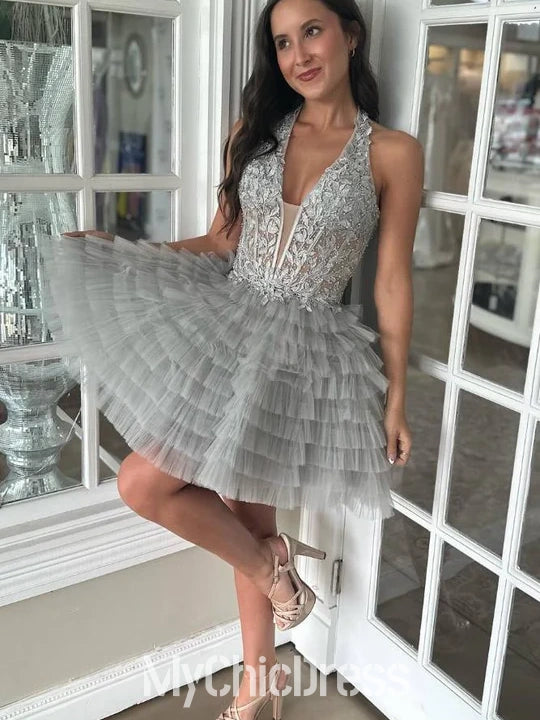 Mychicdress A-Line Halter Silver Lace Homecoming Dress Layered Applique