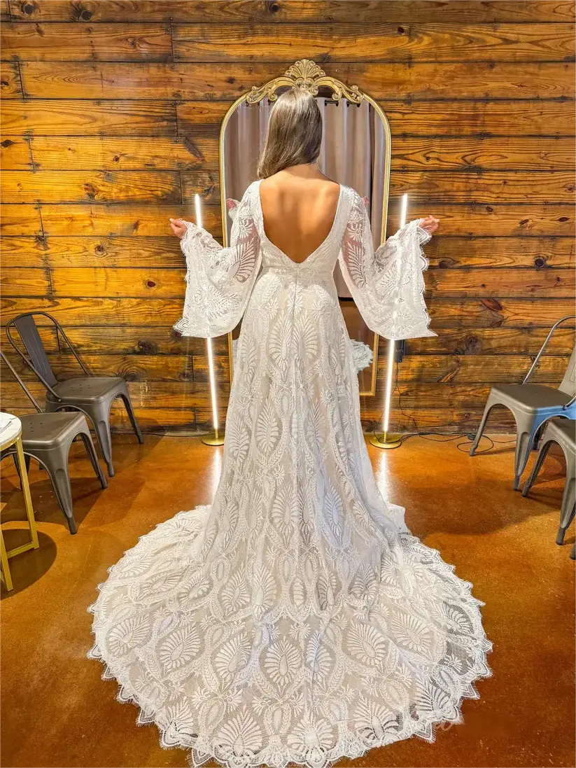 A-Line Lace Boho Wedding Dress with Sleeves Plunging V-Neck Mychicdress