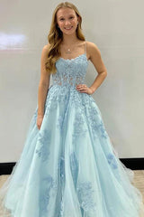 A-Line Lace Formal Dress Appliques Corset Back Spaghetti Straps