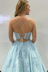 A-Line Lace Formal Dress Appliques Corset Back Spaghetti Straps