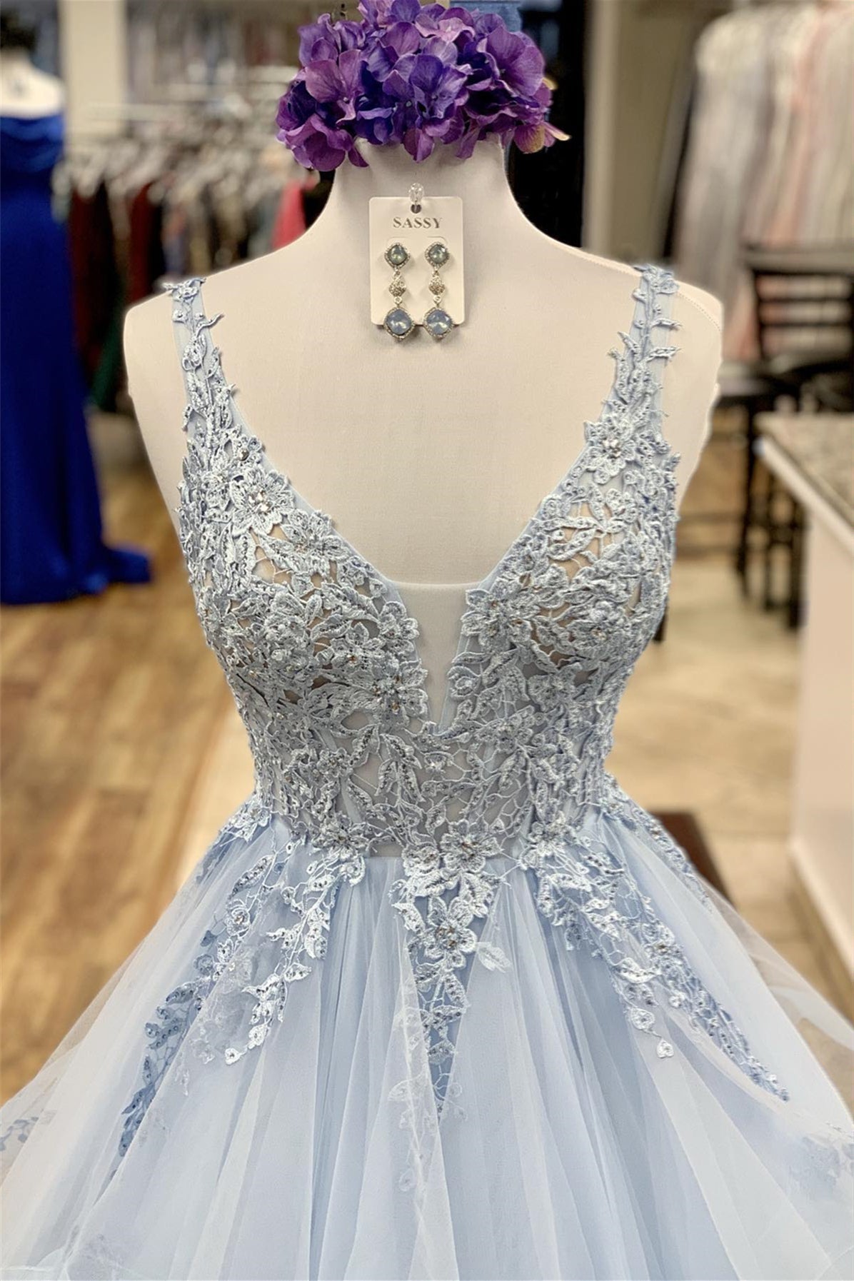 A-line Light Blue Lace  Prom Dress Tiered V Neck With Ruffles Sleeveless