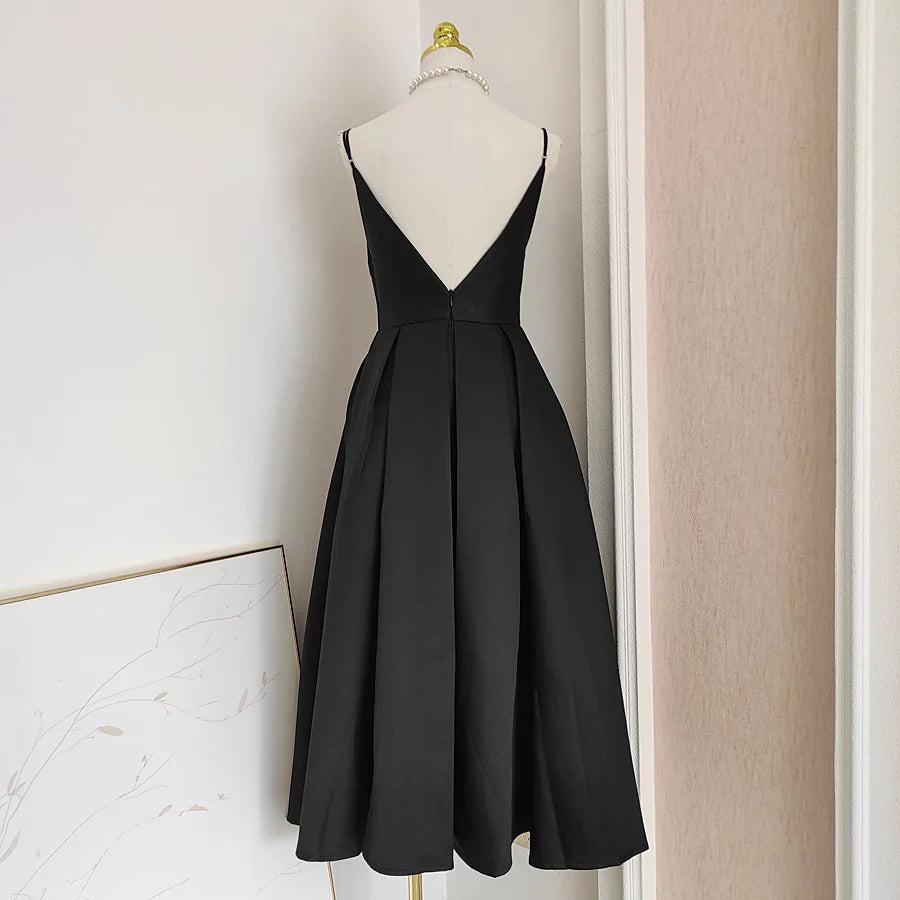 A line Little Black Satin Guest Dress for Wedding Women Birthday Dresses Mychicdress
