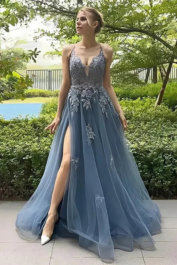 A Line Long Blue Lace Evening Dress V Neck with Beaded