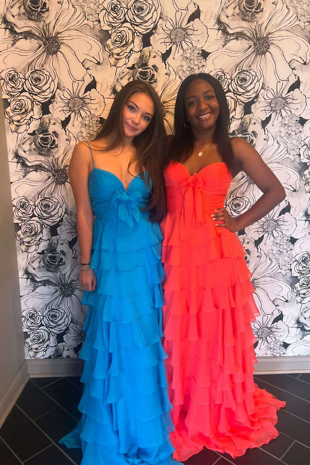 A-line Long Chiffon Tiered Senior Prom Dress with Bow