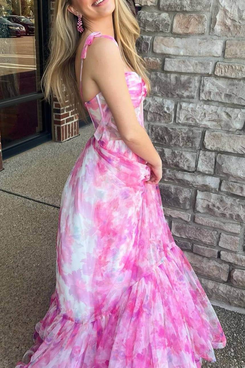 A Line Long Floral Printed Chiffon Prom Dresses Ruffled