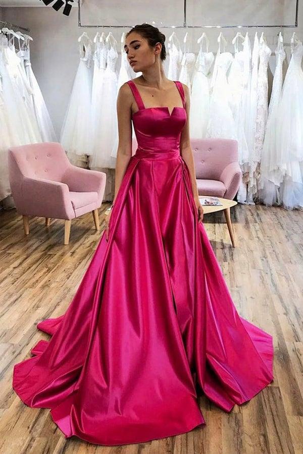A-line Long Fuchsia Evening Dress UK Satin with Court Train