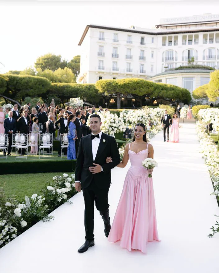 A-line Long Pink Bridesmaid Dress Lace Appliques Spaghetti Strap Mychicdress