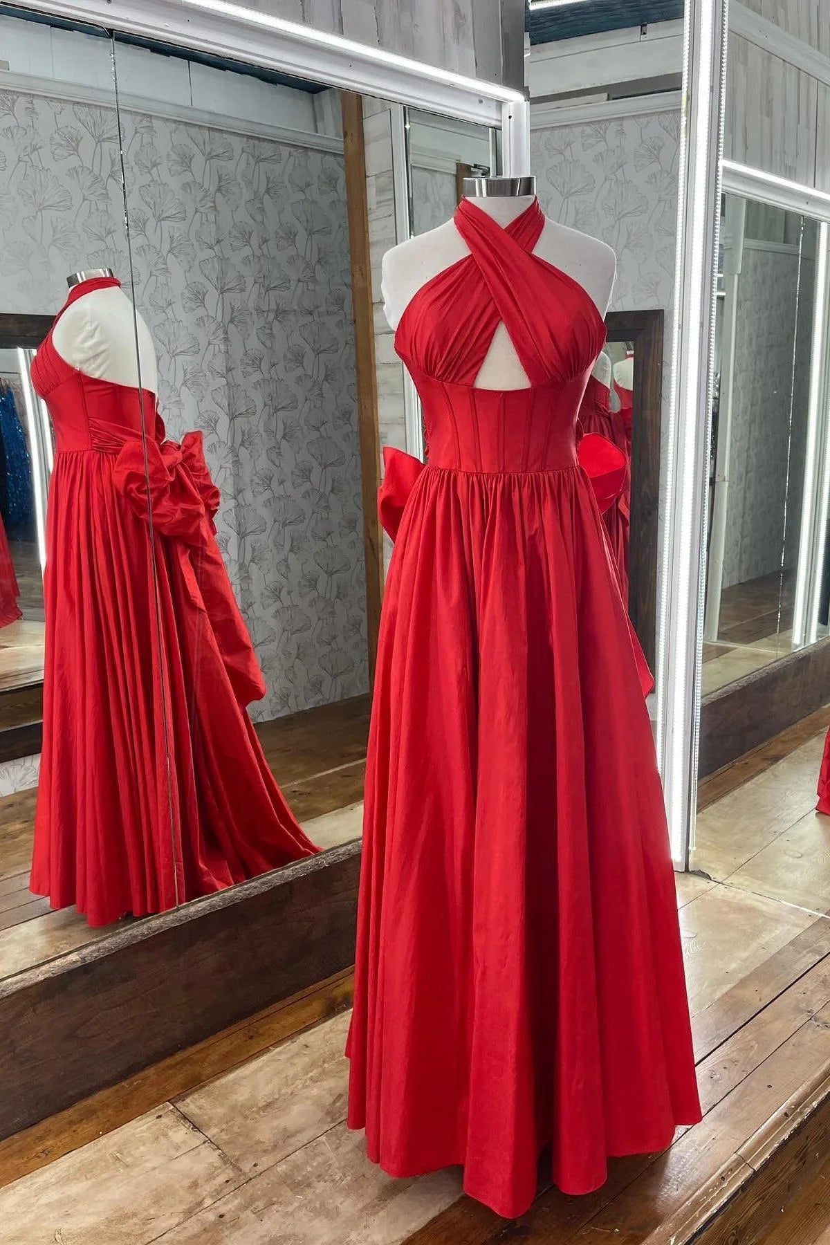 A-line Long red Evening Dress Halter Taffeta with Bow Mychicdress